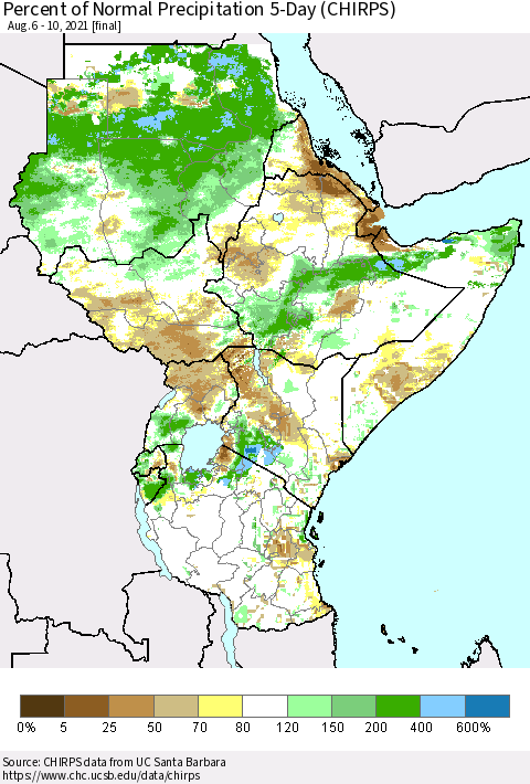 Eastern Africa Percent of Normal Precipitation 5-Day (CHIRPS) Thematic Map For 8/6/2021 - 8/10/2021