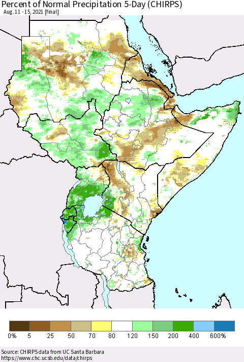 Eastern Africa Percent of Normal Precipitation 5-Day (CHIRPS) Thematic Map For 8/11/2021 - 8/15/2021