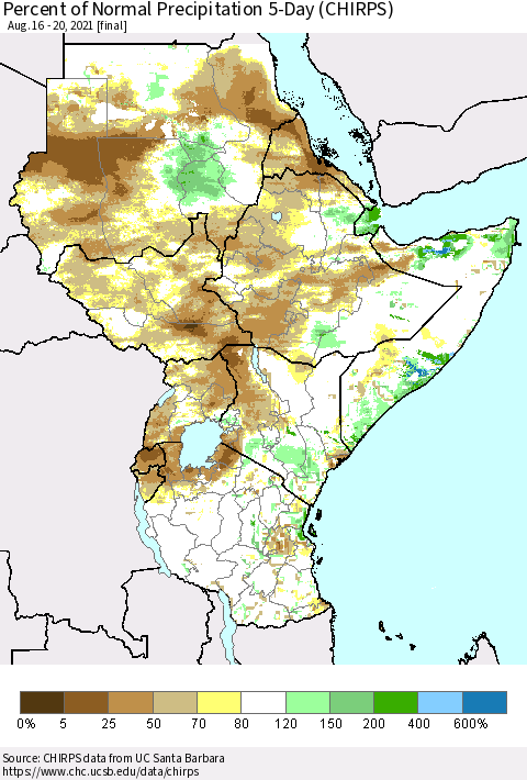 Eastern Africa Percent of Normal Precipitation 5-Day (CHIRPS) Thematic Map For 8/16/2021 - 8/20/2021