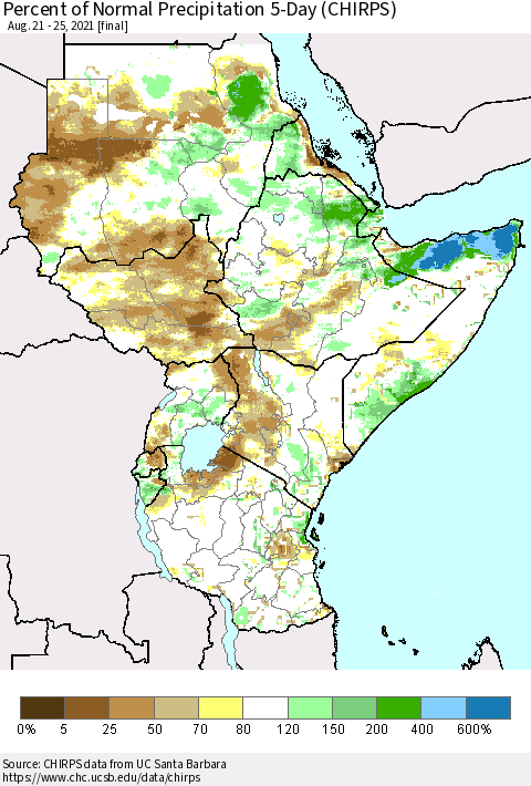 Eastern Africa Percent of Normal Precipitation 5-Day (CHIRPS) Thematic Map For 8/21/2021 - 8/25/2021