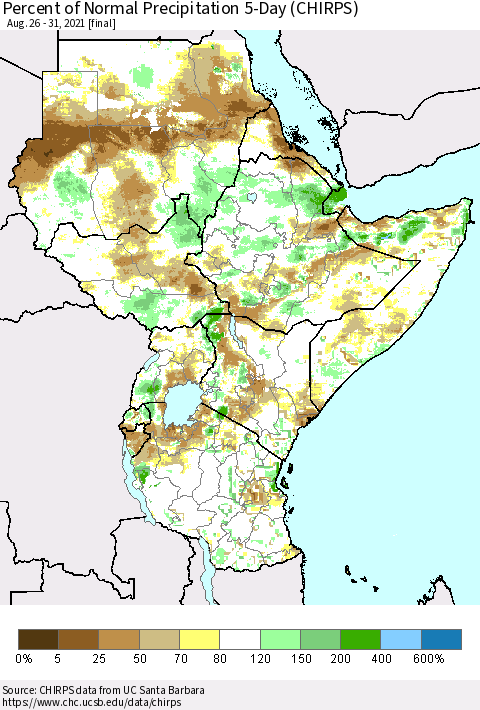 Eastern Africa Percent of Normal Precipitation 5-Day (CHIRPS) Thematic Map For 8/26/2021 - 8/31/2021