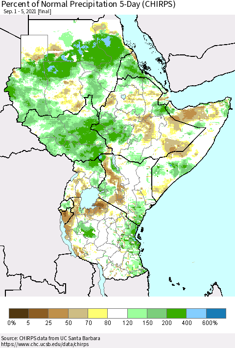 Eastern Africa Percent of Normal Precipitation 5-Day (CHIRPS) Thematic Map For 9/1/2021 - 9/5/2021