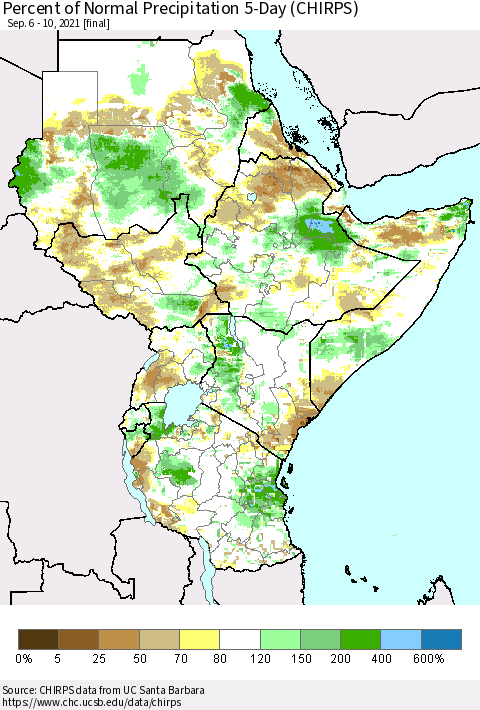 Eastern Africa Percent of Normal Precipitation 5-Day (CHIRPS) Thematic Map For 9/6/2021 - 9/10/2021