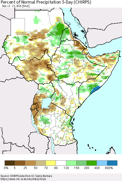 Eastern Africa Percent of Normal Precipitation 5-Day (CHIRPS) Thematic Map For 9/11/2021 - 9/15/2021