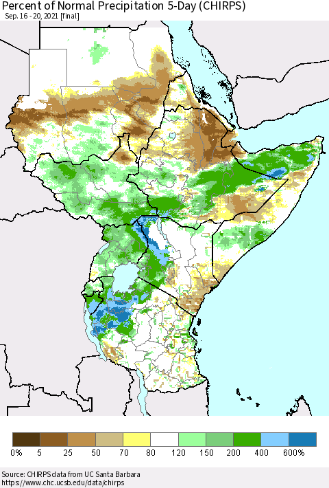 Eastern Africa Percent of Normal Precipitation 5-Day (CHIRPS) Thematic Map For 9/16/2021 - 9/20/2021