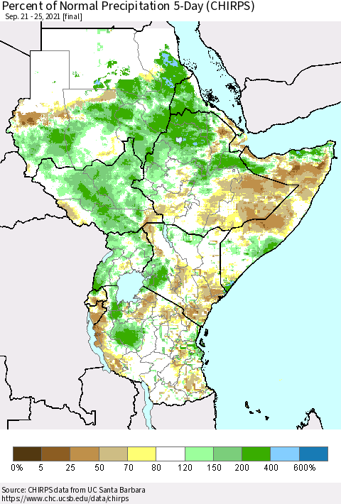Eastern Africa Percent of Normal Precipitation 5-Day (CHIRPS) Thematic Map For 9/21/2021 - 9/25/2021