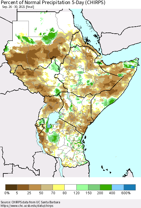Eastern Africa Percent of Normal Precipitation 5-Day (CHIRPS) Thematic Map For 9/26/2021 - 9/30/2021