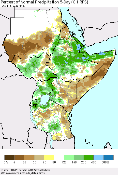 Eastern Africa Percent of Normal Precipitation 5-Day (CHIRPS) Thematic Map For 10/1/2021 - 10/5/2021