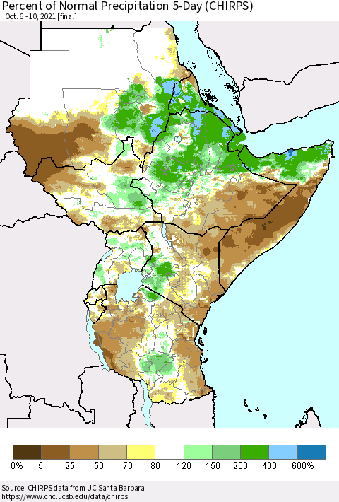 Eastern Africa Percent of Normal Precipitation 5-Day (CHIRPS) Thematic Map For 10/6/2021 - 10/10/2021