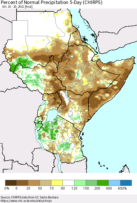 Eastern Africa Percent of Normal Precipitation 5-Day (CHIRPS) Thematic Map For 10/16/2021 - 10/20/2021