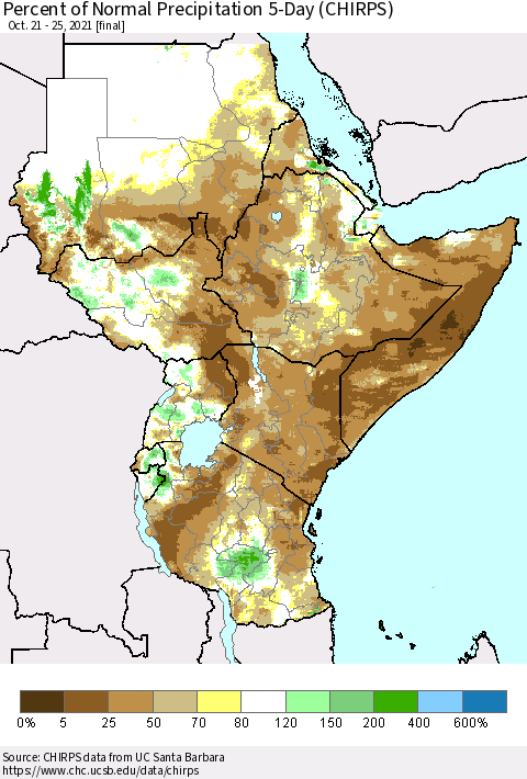Eastern Africa Percent of Normal Precipitation 5-Day (CHIRPS) Thematic Map For 10/21/2021 - 10/25/2021