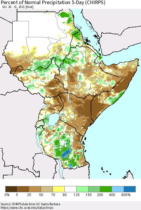 Eastern Africa Percent of Normal Precipitation 5-Day (CHIRPS) Thematic Map For 10/26/2021 - 10/31/2021