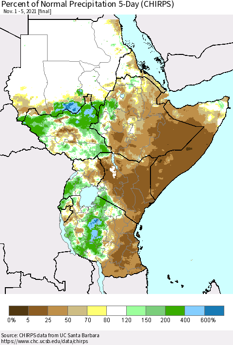 Eastern Africa Percent of Normal Precipitation 5-Day (CHIRPS) Thematic Map For 11/1/2021 - 11/5/2021