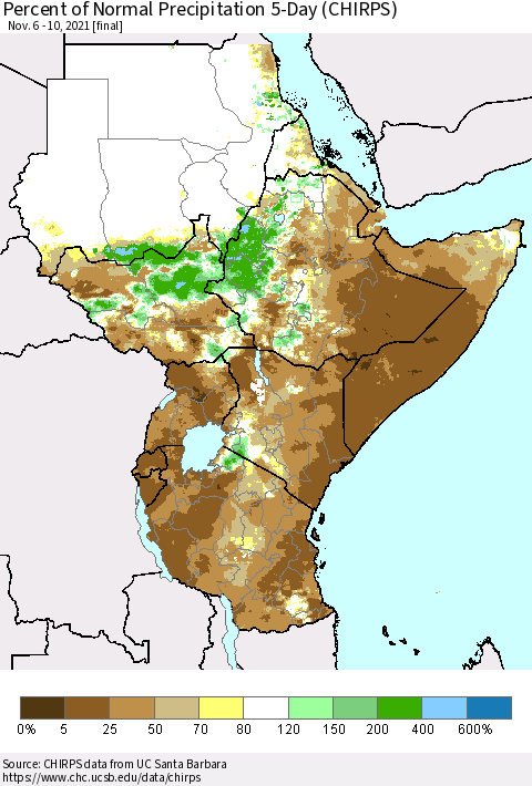 Eastern Africa Percent of Normal Precipitation 5-Day (CHIRPS) Thematic Map For 11/6/2021 - 11/10/2021