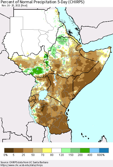 Eastern Africa Percent of Normal Precipitation 5-Day (CHIRPS) Thematic Map For 11/16/2021 - 11/20/2021