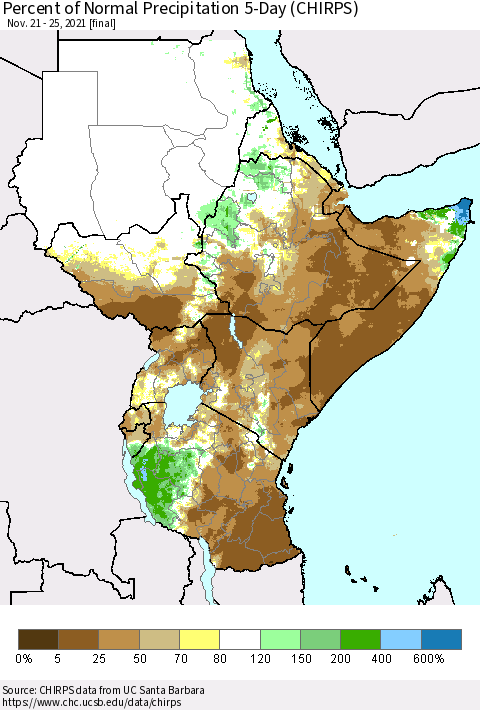 Eastern Africa Percent of Normal Precipitation 5-Day (CHIRPS) Thematic Map For 11/21/2021 - 11/25/2021