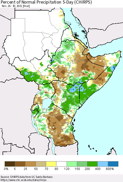 Eastern Africa Percent of Normal Precipitation 5-Day (CHIRPS) Thematic Map For 11/26/2021 - 11/30/2021