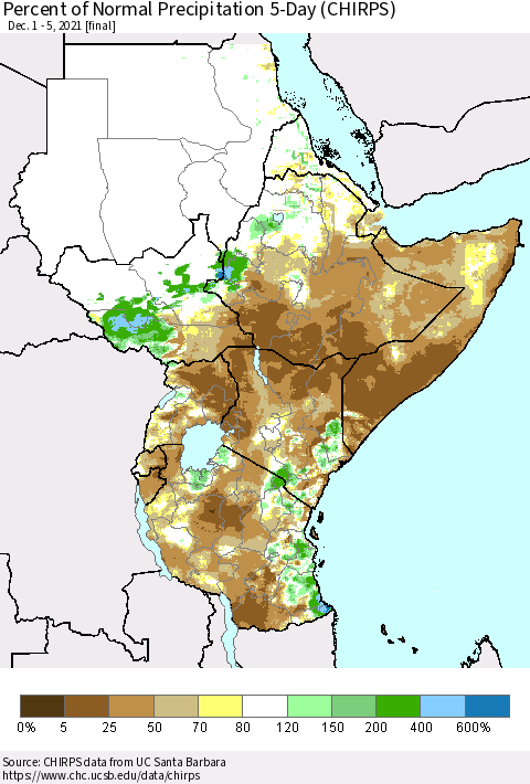 Eastern Africa Percent of Normal Precipitation 5-Day (CHIRPS) Thematic Map For 12/1/2021 - 12/5/2021