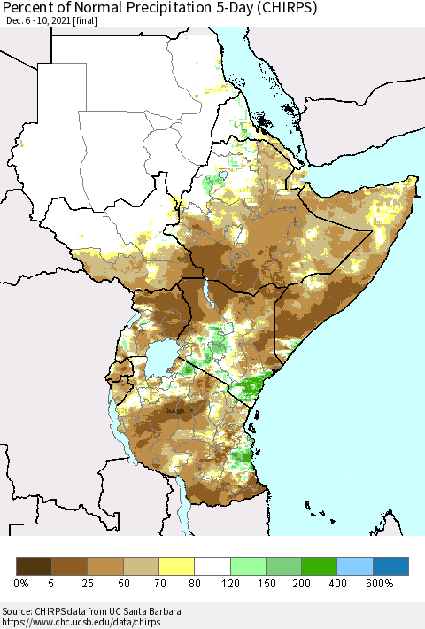 Eastern Africa Percent of Normal Precipitation 5-Day (CHIRPS) Thematic Map For 12/6/2021 - 12/10/2021