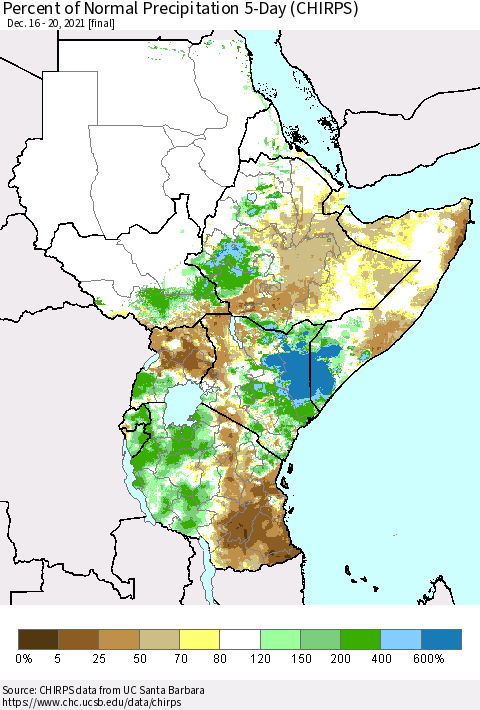 Eastern Africa Percent of Normal Precipitation 5-Day (CHIRPS) Thematic Map For 12/16/2021 - 12/20/2021