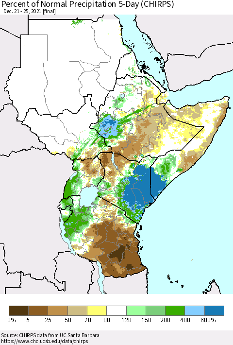 Eastern Africa Percent of Normal Precipitation 5-Day (CHIRPS) Thematic Map For 12/21/2021 - 12/25/2021