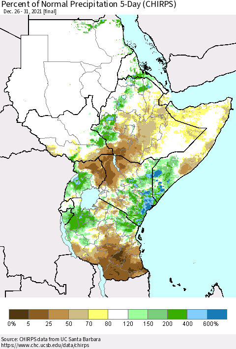 Eastern Africa Percent of Normal Precipitation 5-Day (CHIRPS) Thematic Map For 12/26/2021 - 12/31/2021