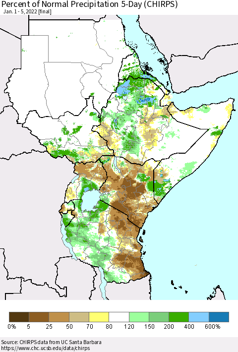 Eastern Africa Percent of Normal Precipitation 5-Day (CHIRPS) Thematic Map For 1/1/2022 - 1/5/2022
