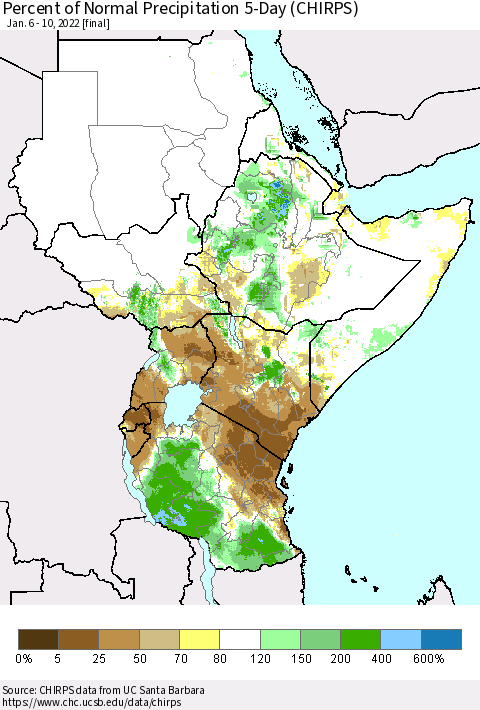 Eastern Africa Percent of Normal Precipitation 5-Day (CHIRPS) Thematic Map For 1/6/2022 - 1/10/2022