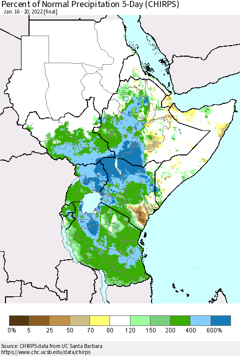 Eastern Africa Percent of Normal Precipitation 5-Day (CHIRPS) Thematic Map For 1/16/2022 - 1/20/2022