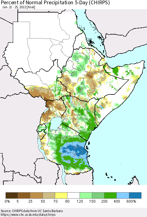 Eastern Africa Percent of Normal Precipitation 5-Day (CHIRPS) Thematic Map For 1/21/2022 - 1/25/2022