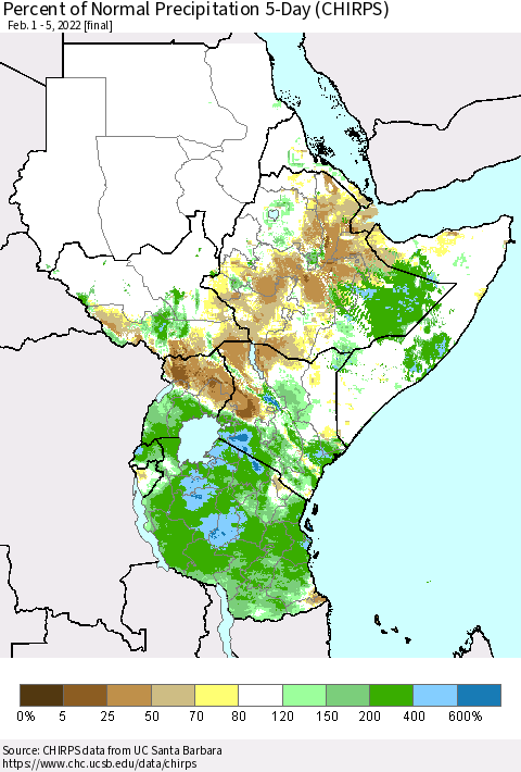 Eastern Africa Percent of Normal Precipitation 5-Day (CHIRPS) Thematic Map For 2/1/2022 - 2/5/2022