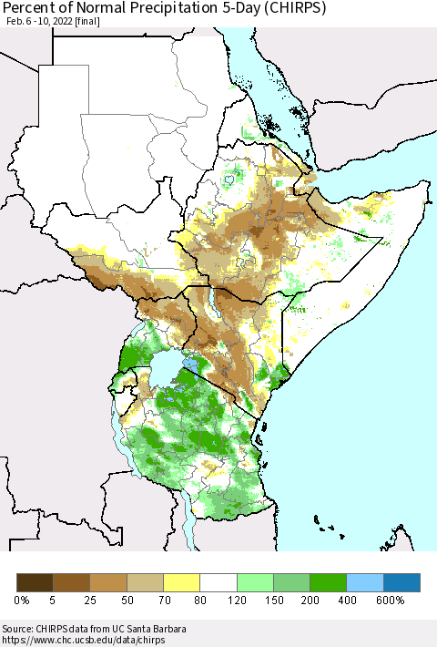 Eastern Africa Percent of Normal Precipitation 5-Day (CHIRPS) Thematic Map For 2/6/2022 - 2/10/2022
