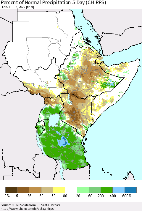 Eastern Africa Percent of Normal Precipitation 5-Day (CHIRPS) Thematic Map For 2/11/2022 - 2/15/2022
