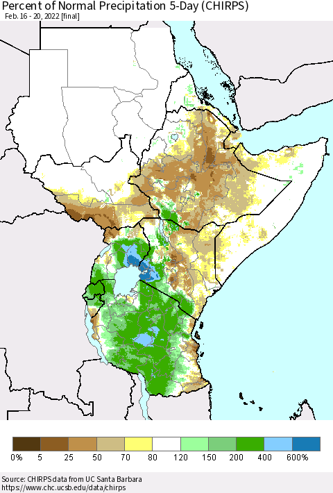 Eastern Africa Percent of Normal Precipitation 5-Day (CHIRPS) Thematic Map For 2/16/2022 - 2/20/2022