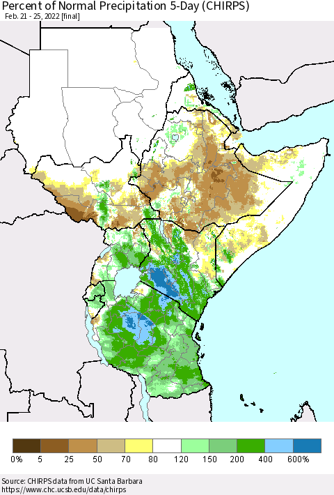 Eastern Africa Percent of Normal Precipitation 5-Day (CHIRPS) Thematic Map For 2/21/2022 - 2/25/2022