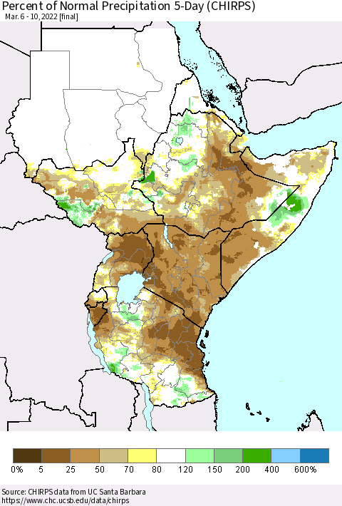 Eastern Africa Percent of Normal Precipitation 5-Day (CHIRPS) Thematic Map For 3/6/2022 - 3/10/2022