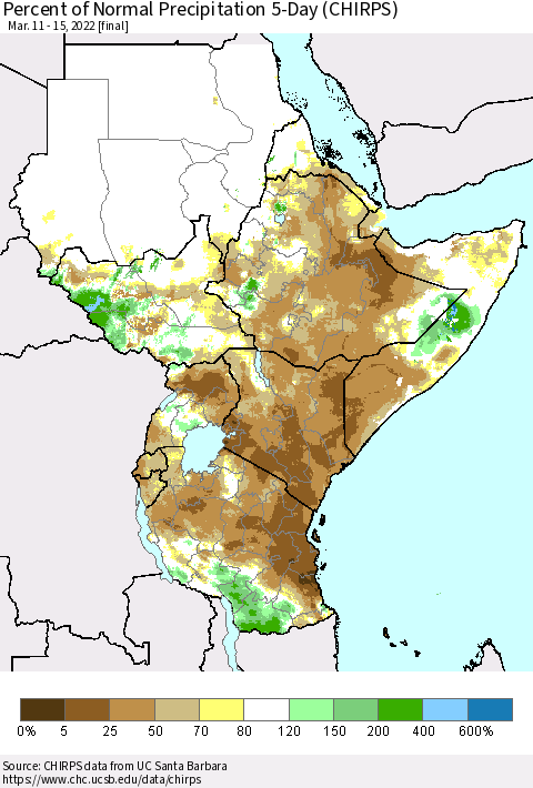 Eastern Africa Percent of Normal Precipitation 5-Day (CHIRPS) Thematic Map For 3/11/2022 - 3/15/2022