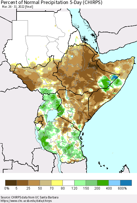 Eastern Africa Percent of Normal Precipitation 5-Day (CHIRPS) Thematic Map For 3/26/2022 - 3/31/2022