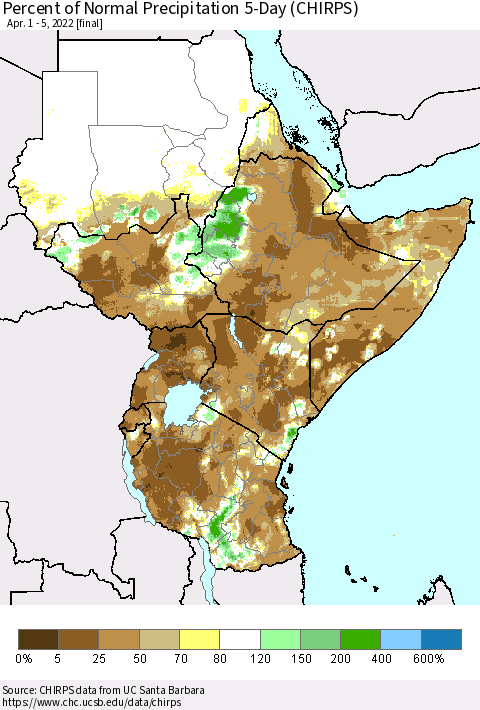 Eastern Africa Percent of Normal Precipitation 5-Day (CHIRPS) Thematic Map For 4/1/2022 - 4/5/2022