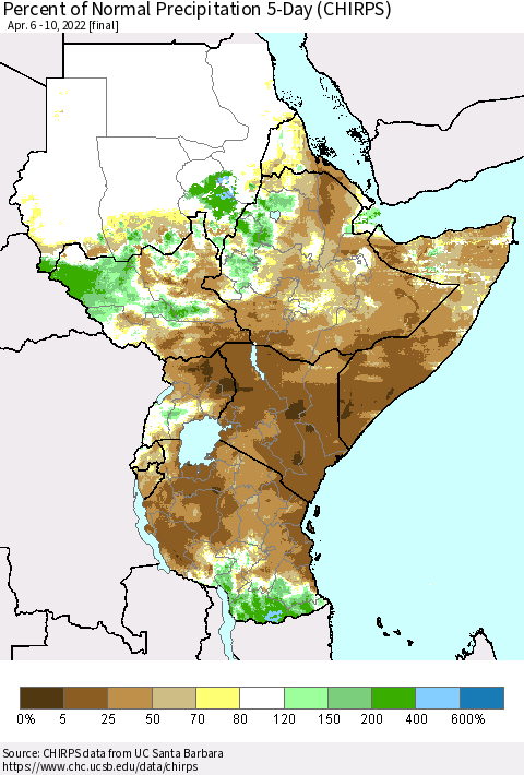 Eastern Africa Percent of Normal Precipitation 5-Day (CHIRPS) Thematic Map For 4/6/2022 - 4/10/2022