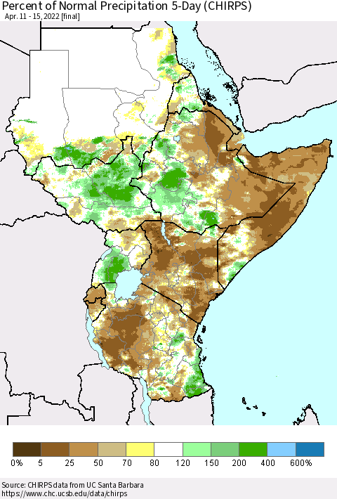 Eastern Africa Percent of Normal Precipitation 5-Day (CHIRPS) Thematic Map For 4/11/2022 - 4/15/2022