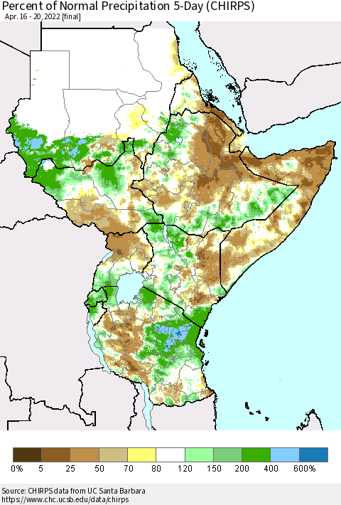 Eastern Africa Percent of Normal Precipitation 5-Day (CHIRPS) Thematic Map For 4/16/2022 - 4/20/2022