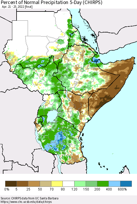 Eastern Africa Percent of Normal Precipitation 5-Day (CHIRPS) Thematic Map For 4/21/2022 - 4/25/2022