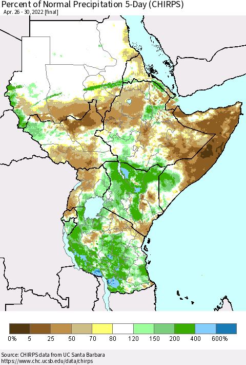 Eastern Africa Percent of Normal Precipitation 5-Day (CHIRPS) Thematic Map For 4/26/2022 - 4/30/2022