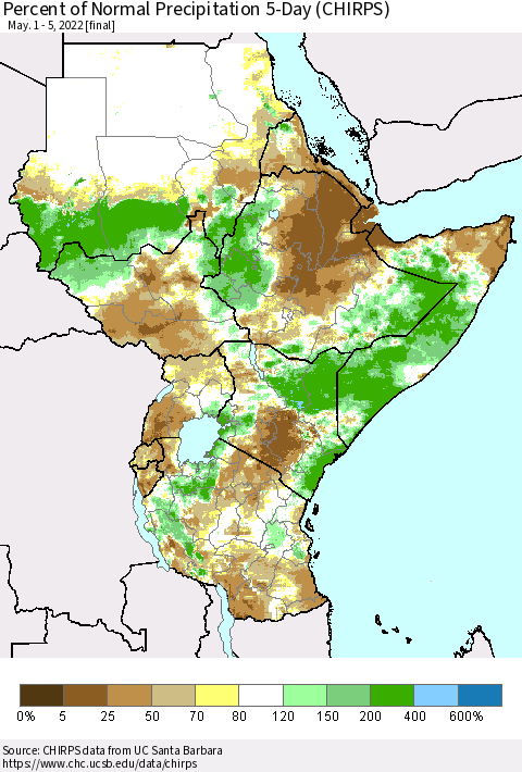 Eastern Africa Percent of Normal Precipitation 5-Day (CHIRPS) Thematic Map For 5/1/2022 - 5/5/2022