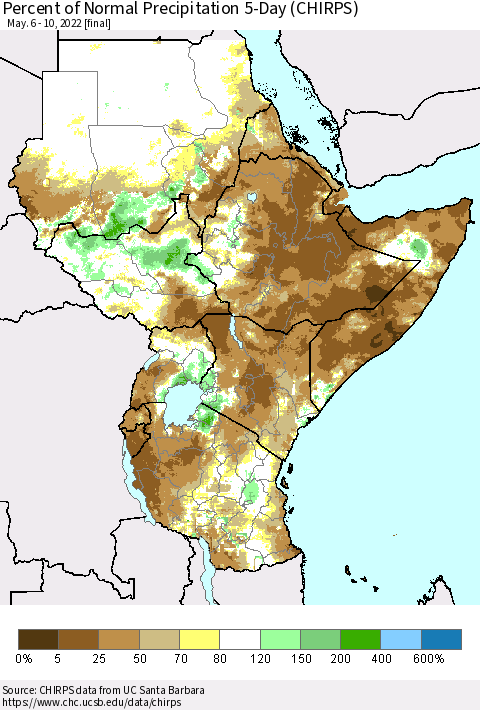 Eastern Africa Percent of Normal Precipitation 5-Day (CHIRPS) Thematic Map For 5/6/2022 - 5/10/2022