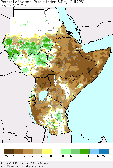 Eastern Africa Percent of Normal Precipitation 5-Day (CHIRPS) Thematic Map For 5/11/2022 - 5/15/2022
