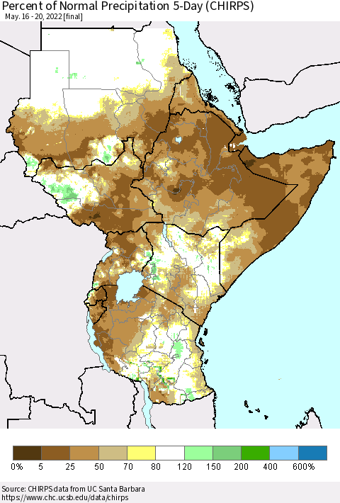 Eastern Africa Percent of Normal Precipitation 5-Day (CHIRPS) Thematic Map For 5/16/2022 - 5/20/2022