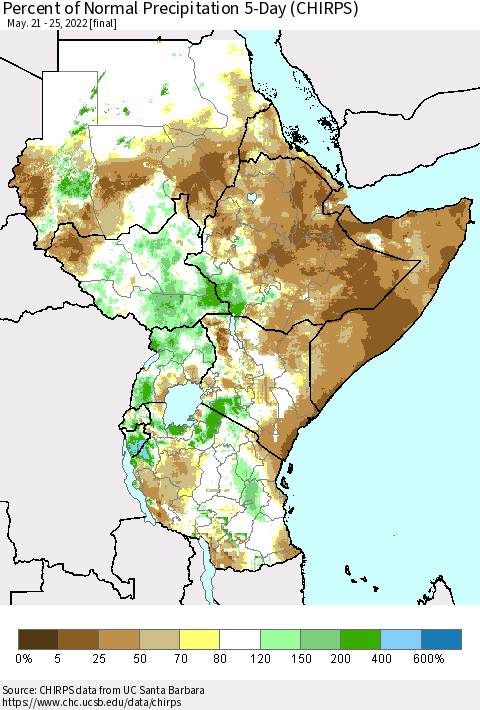 Eastern Africa Percent of Normal Precipitation 5-Day (CHIRPS) Thematic Map For 5/21/2022 - 5/25/2022