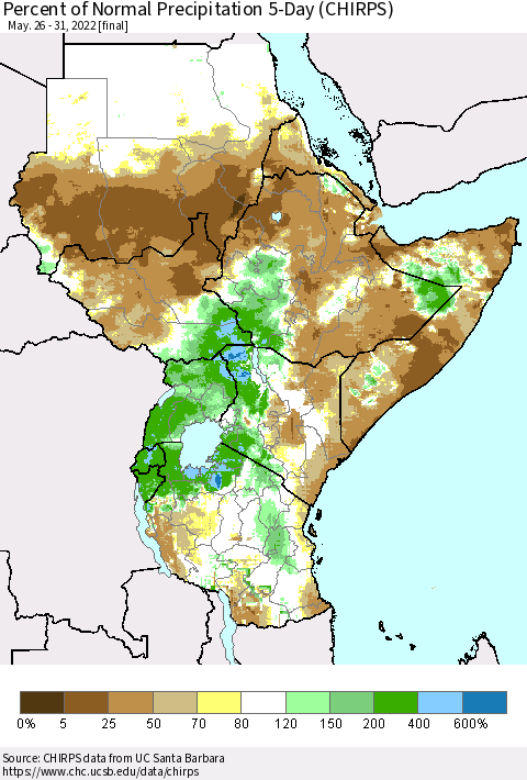 Eastern Africa Percent of Normal Precipitation 5-Day (CHIRPS) Thematic Map For 5/26/2022 - 5/31/2022